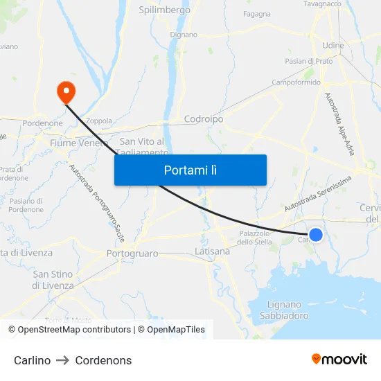 Carlino to Cordenons map