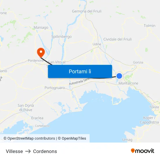 Villesse to Cordenons map