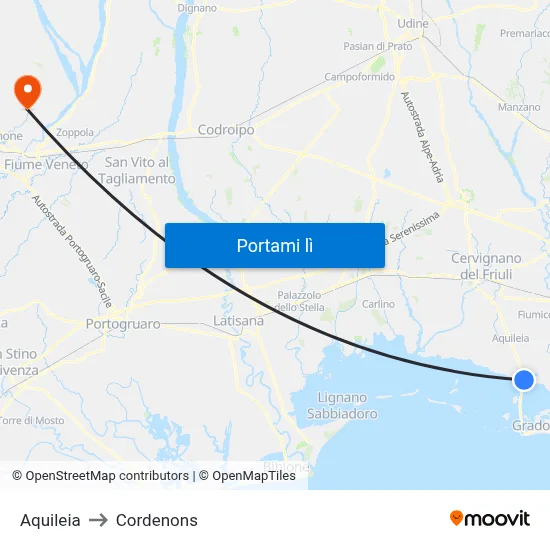Aquileia to Cordenons map