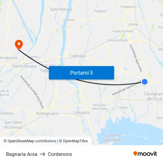 Bagnaria Arsa to Cordenons map