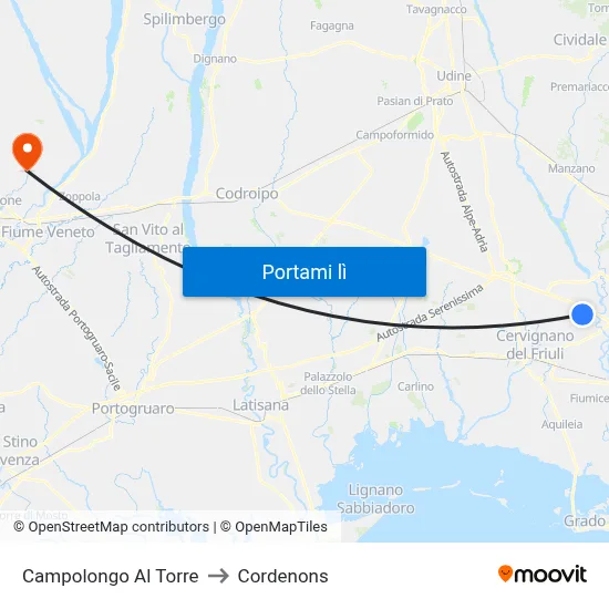 Campolongo Al Torre to Cordenons map