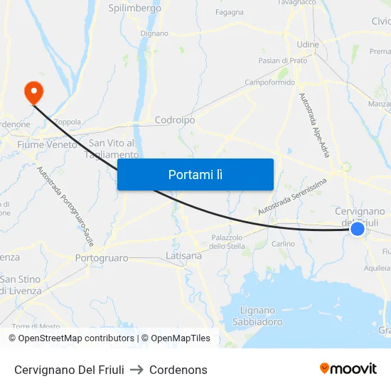 Cervignano Del Friuli to Cordenons map