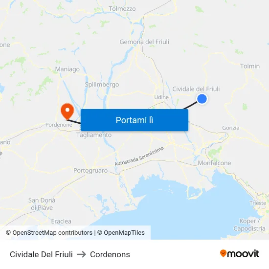 Cividale Del Friuli to Cordenons map