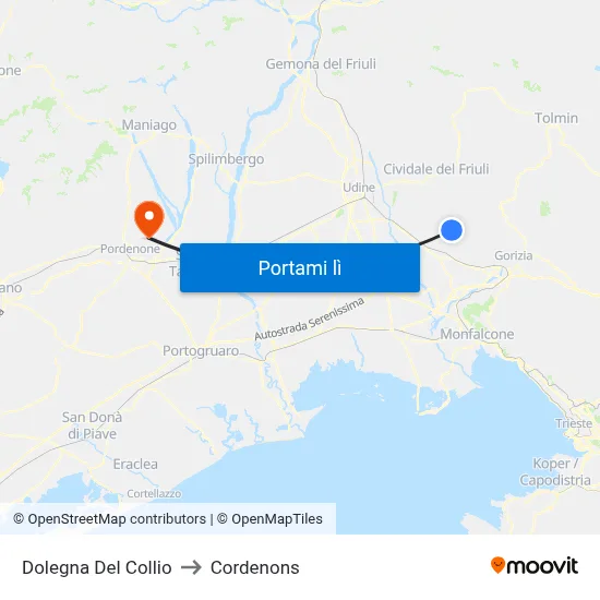 Dolegna Del Collio to Cordenons map