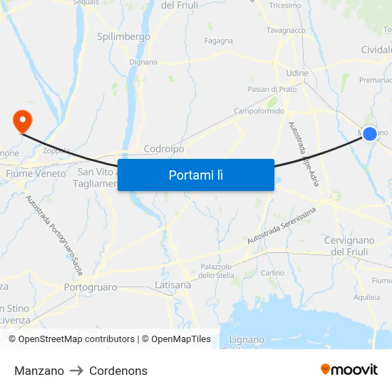 Manzano to Cordenons map