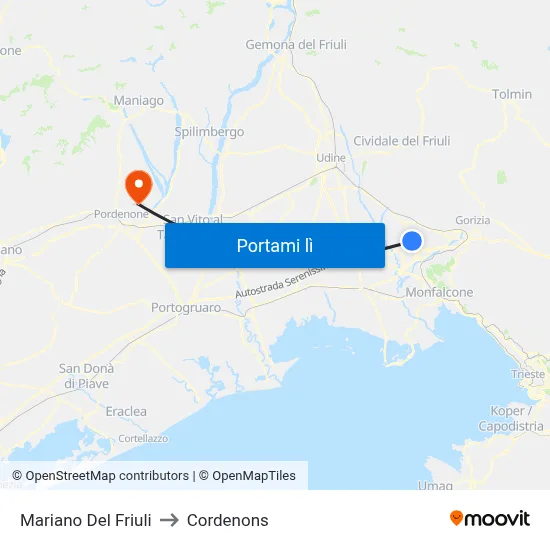 Mariano Del Friuli to Cordenons map