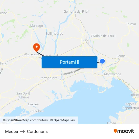 Medea to Cordenons map