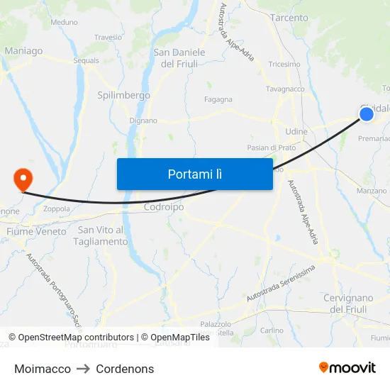 Moimacco to Cordenons map