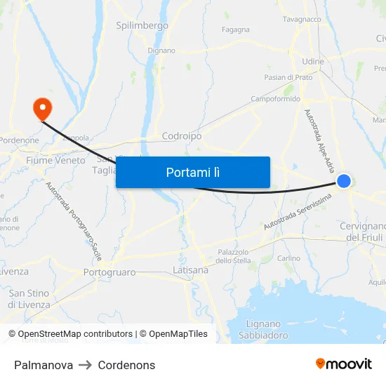 Palmanova to Cordenons map