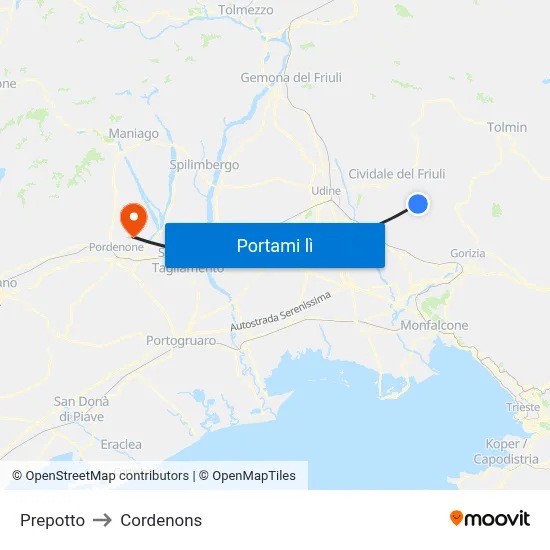 Prepotto to Cordenons map
