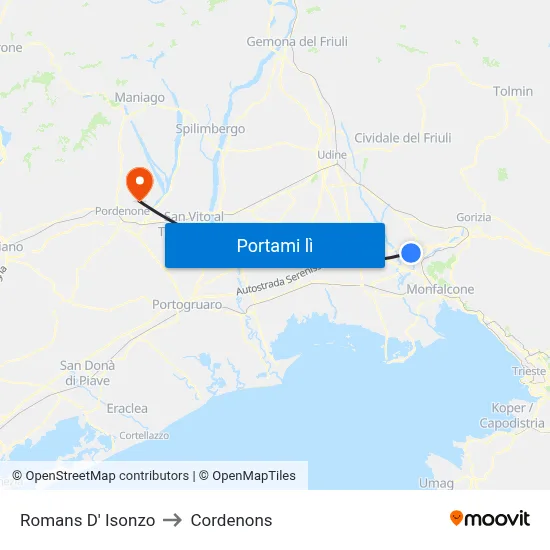 Romans D' Isonzo to Cordenons map
