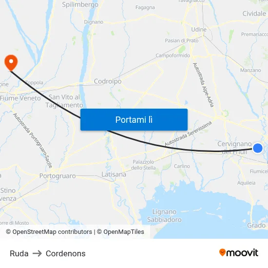 Ruda to Cordenons map