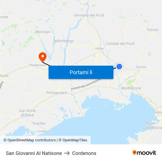 San Giovanni Al Natisone to Cordenons map
