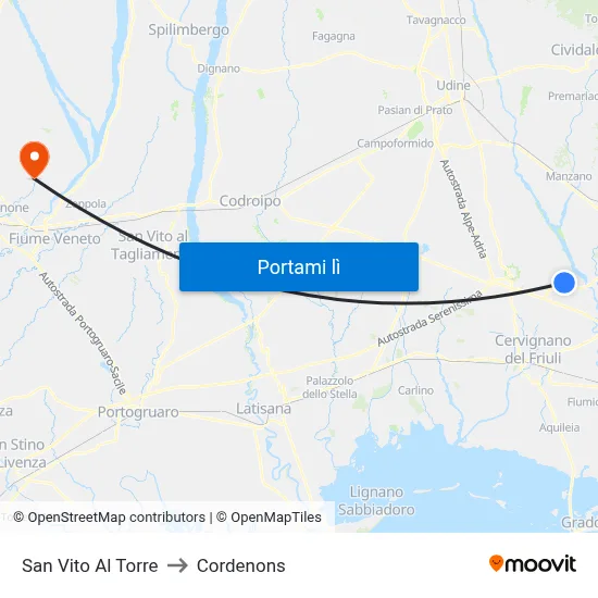 San Vito Al Torre to Cordenons map