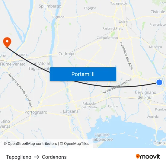 Tapogliano to Cordenons map