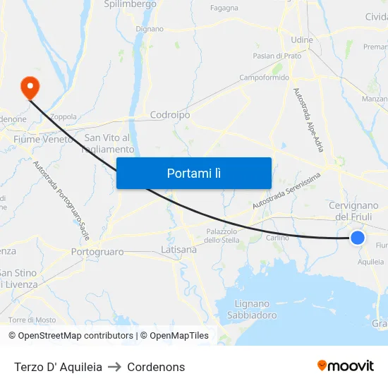 Terzo D' Aquileia to Cordenons map