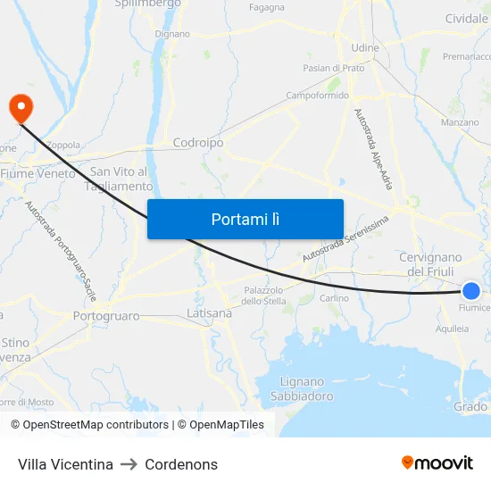 Villa Vicentina to Cordenons map
