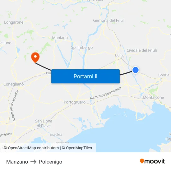 Manzano to Polcenigo map