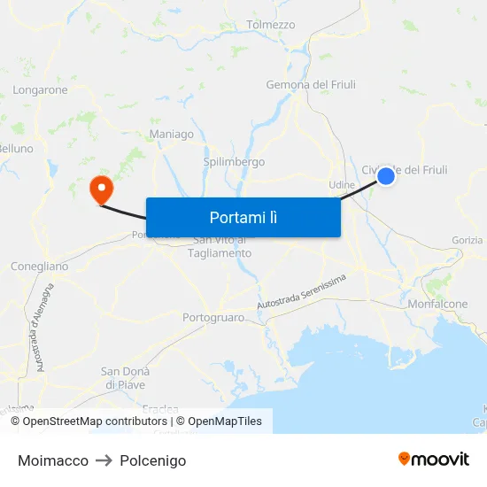 Moimacco to Polcenigo map