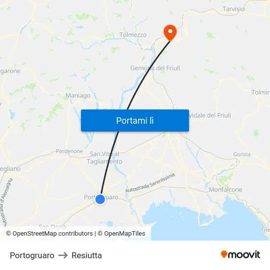 Portogruaro to Resiutta map