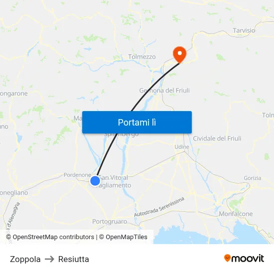 Zoppola to Resiutta map