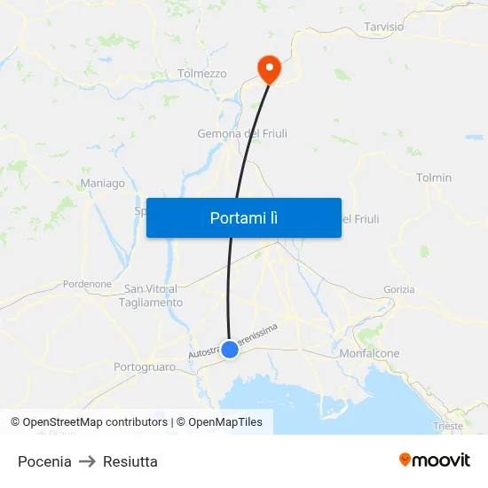 Pocenia to Resiutta map