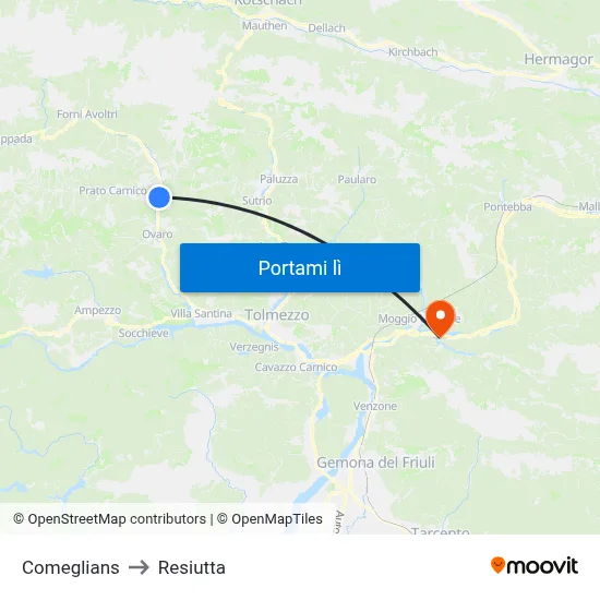 Comeglians to Resiutta map