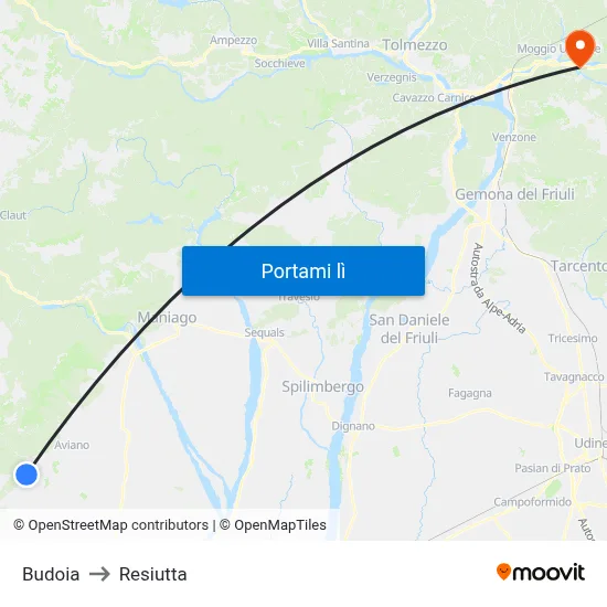 Budoia to Resiutta map