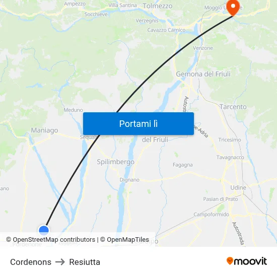 Cordenons to Resiutta map