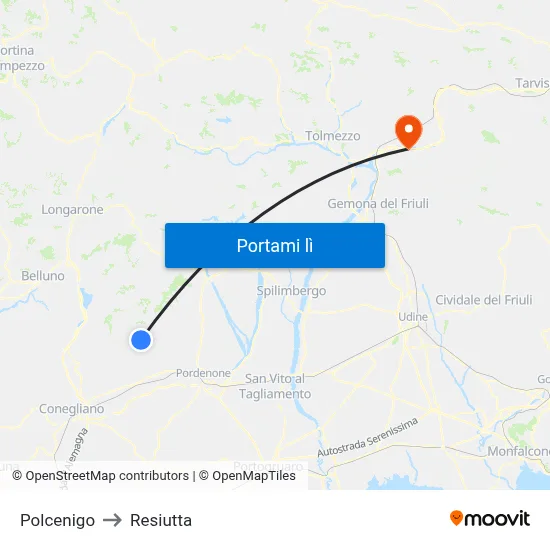 Polcenigo to Resiutta map