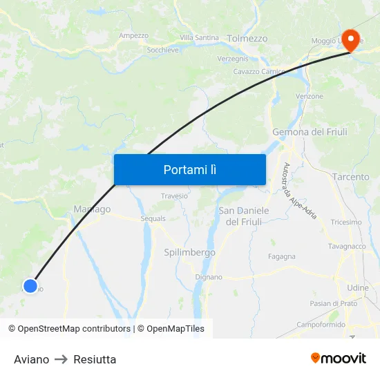 Aviano to Resiutta map