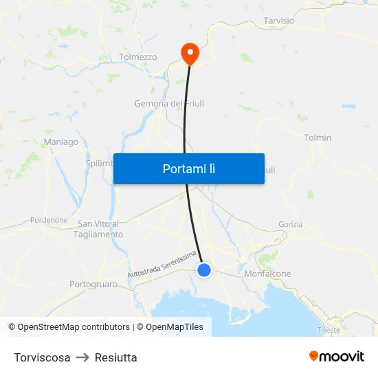 Torviscosa to Resiutta map