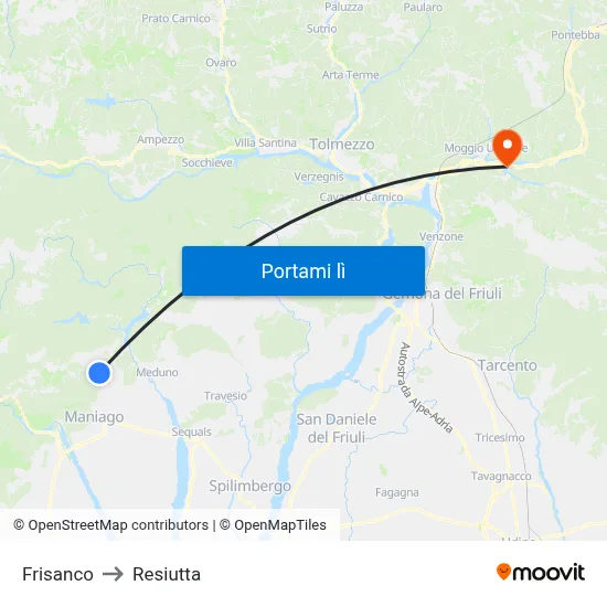 Frisanco to Resiutta map