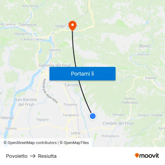 Povoletto to Resiutta map