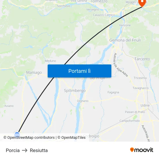 Porcia to Resiutta map