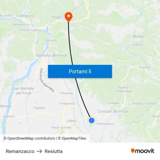 Remanzacco to Resiutta map