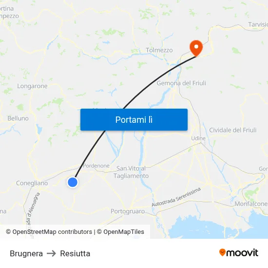 Brugnera to Resiutta map