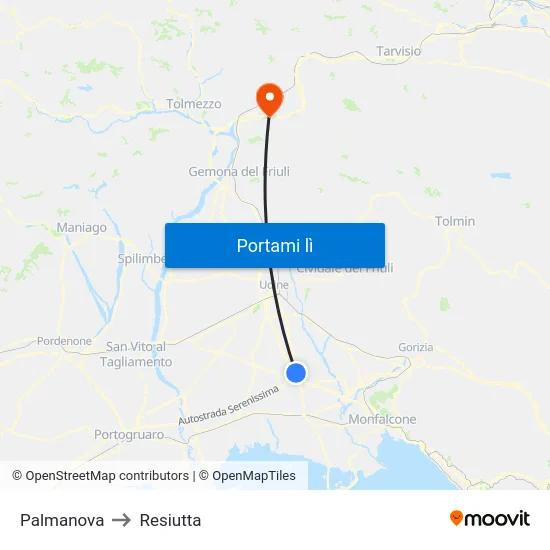 Palmanova to Resiutta map