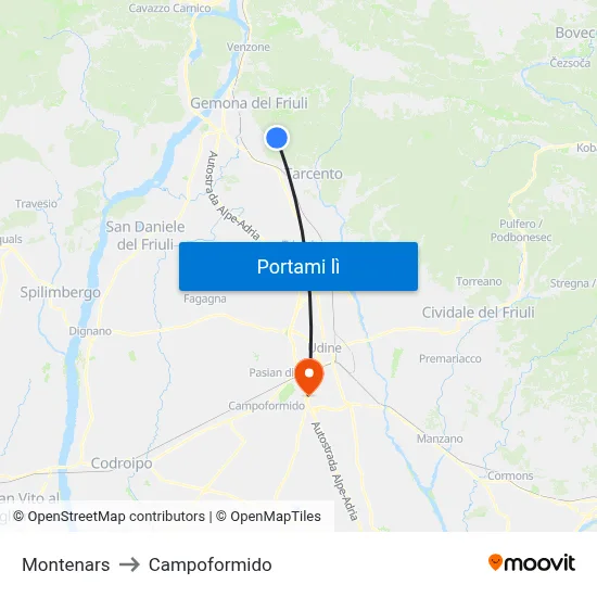 Montenars to Campoformido map