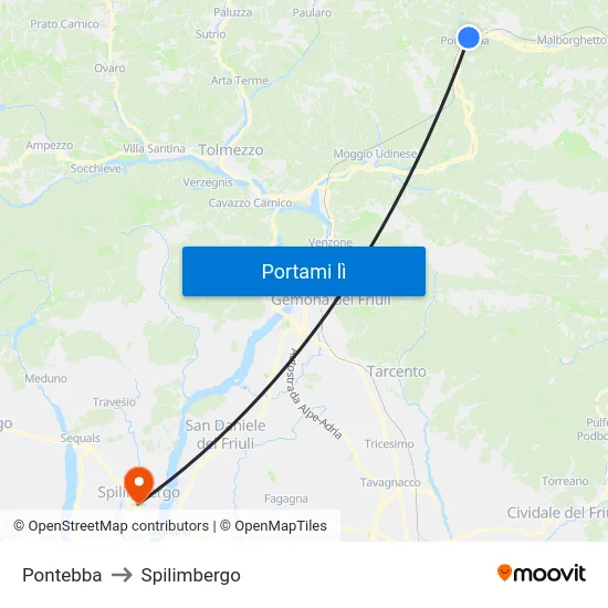 Pontebba to Spilimbergo map