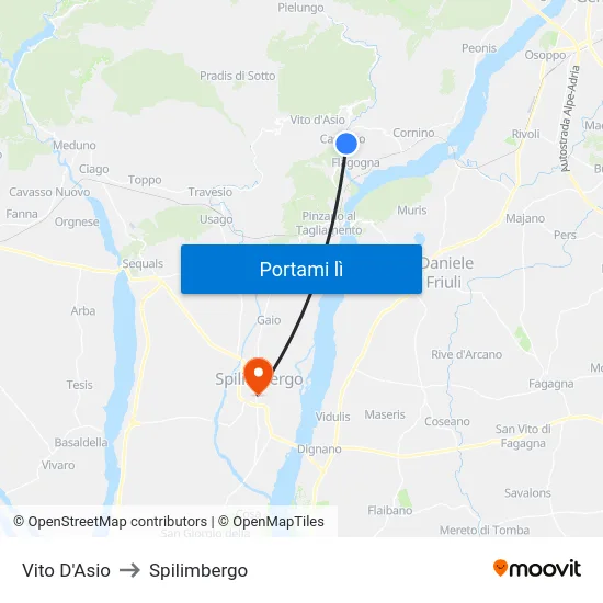 Vito D'Asio to Spilimbergo map