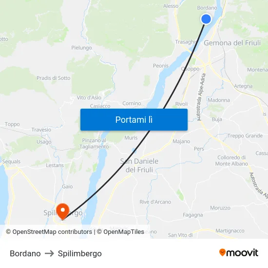 Bordano to Spilimbergo map