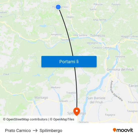 Prato Carnico to Spilimbergo map