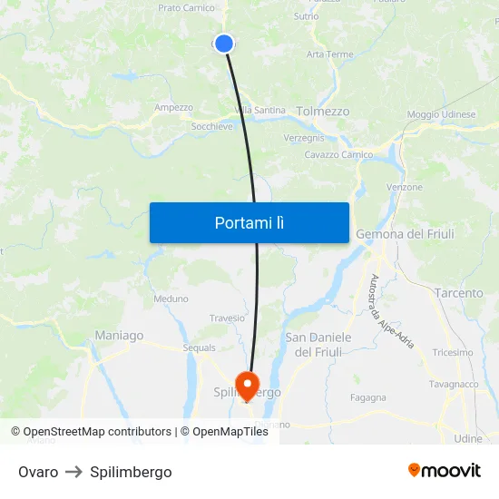 Ovaro to Spilimbergo map