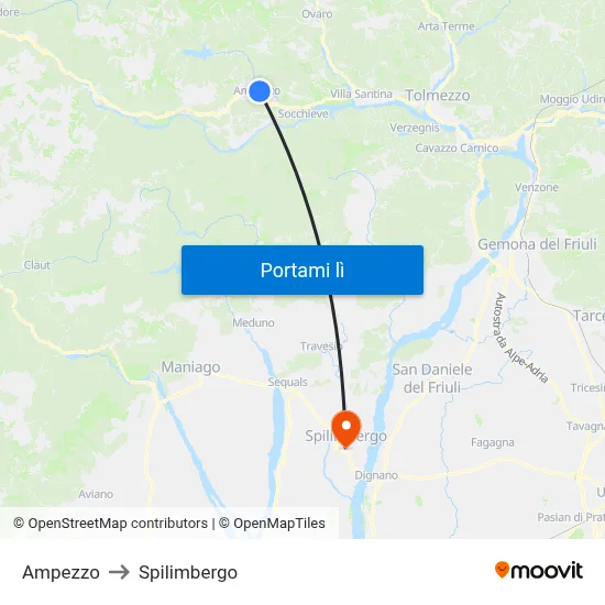 Ampezzo to Spilimbergo map