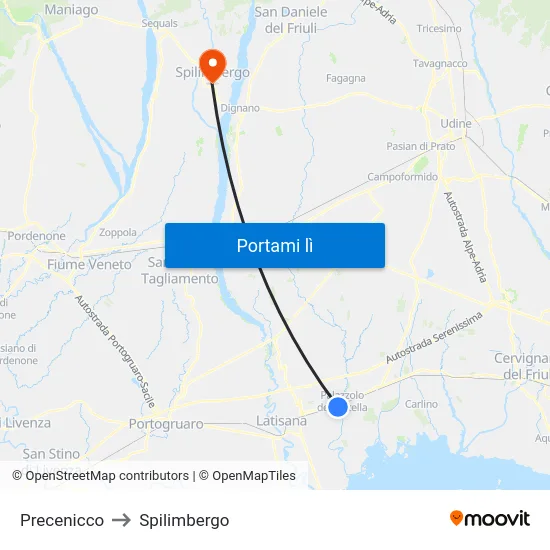 Precenicco to Spilimbergo map