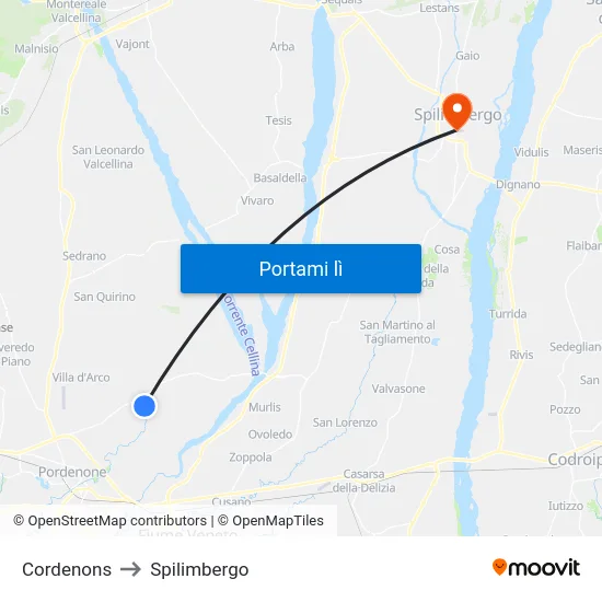 Cordenons to Spilimbergo map