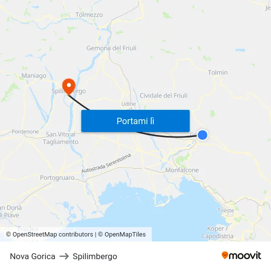 Nova Gorica to Spilimbergo map