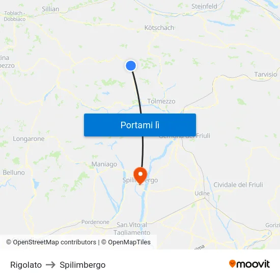 Rigolato to Spilimbergo map