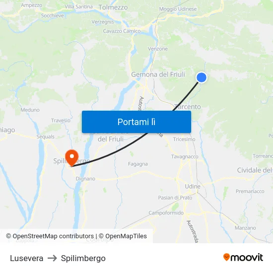 Lusevera to Spilimbergo map